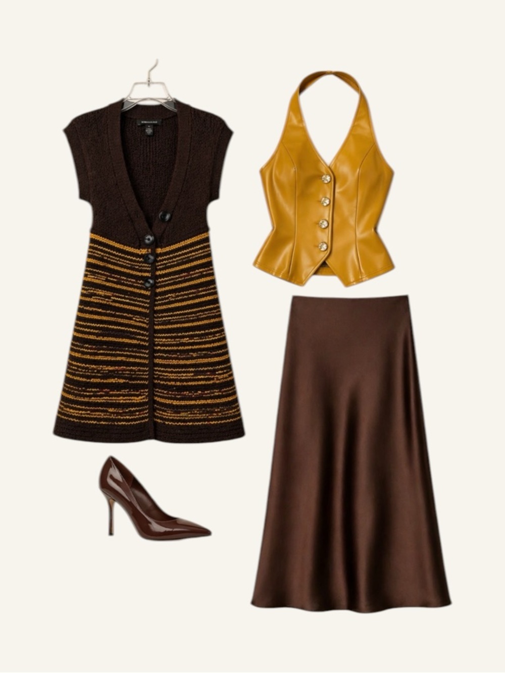 🌼 BCBGMAXAZRIA Y2K Knit Cardi /Dress | Chocolate
Brown & Mustard Stripe | Size L